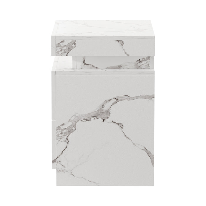 2X Bedside Table 2 Drawers Led Nightstand Marble Effect White