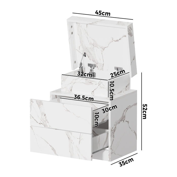 2X Bedside Table 2 Drawers Led Nightstand Marble Effect White