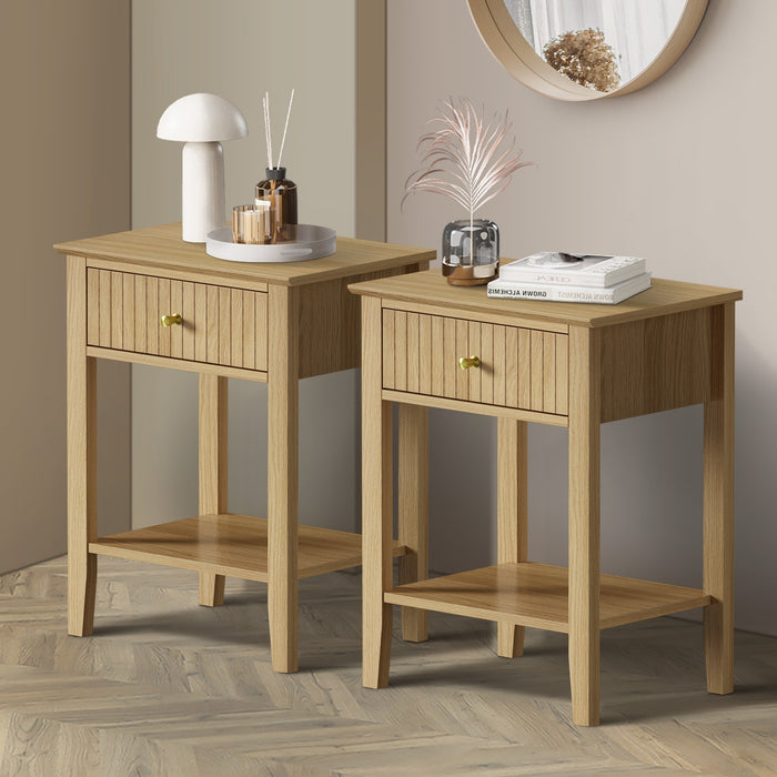 2X Bedside Table 1 Drawer Side End Table Open Shelf Nightstand Natural
