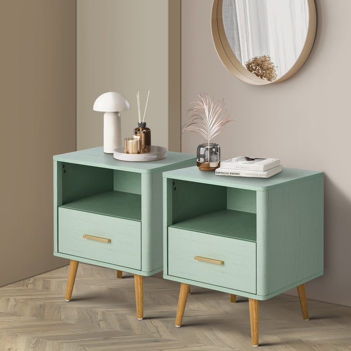 2X Bedside Table 1 Drawer Open Shelf Side End Tables Nightstand Green