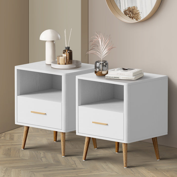 2X Bedside Table 1 Drawer Open Shelf Side End Tables Nightstand White