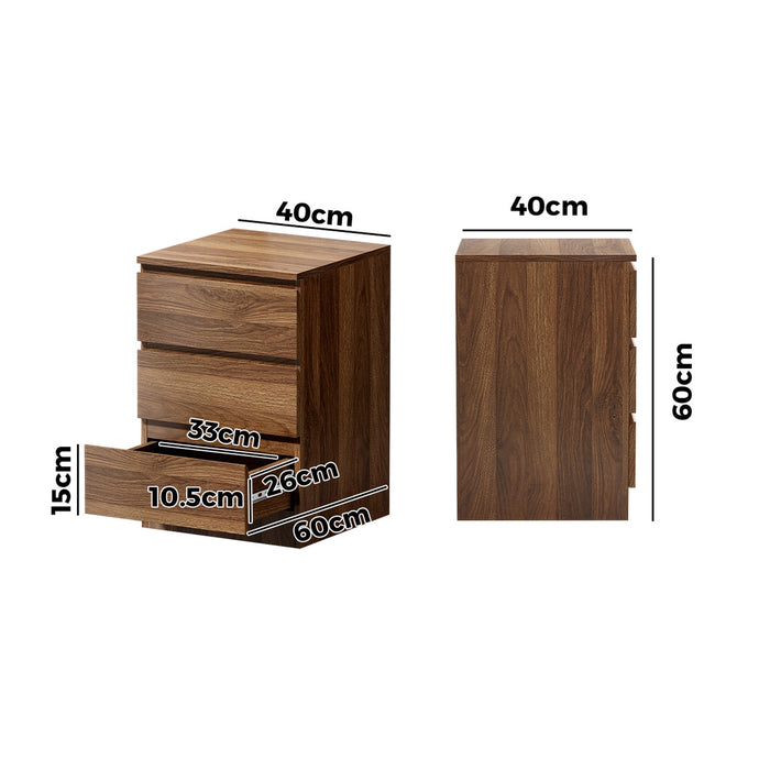 Bedside Table 3 Drawers Side Tables Storage Cabinet Nightstand Walnut