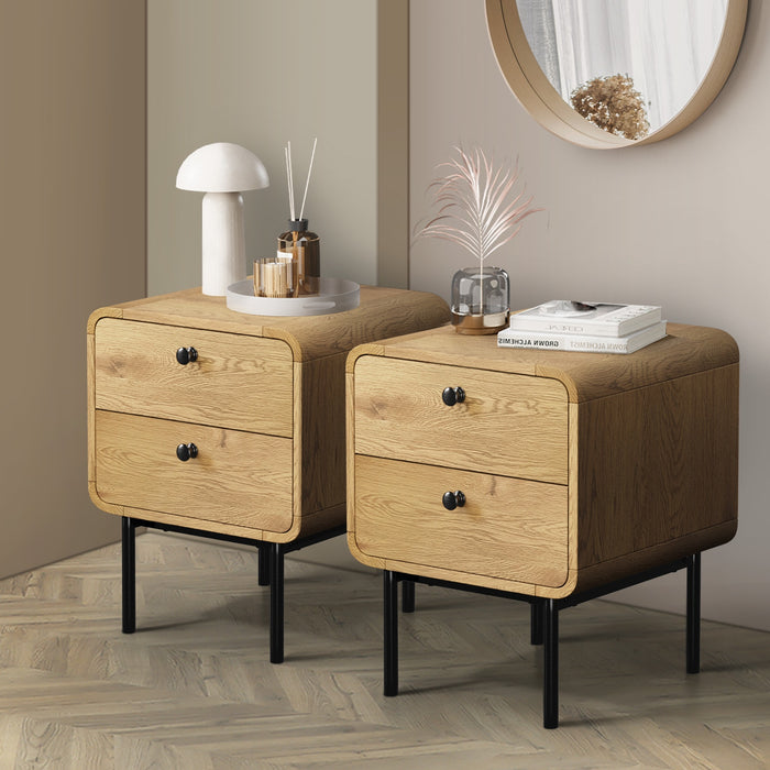 2X Bedside Table 2 Drawers Side Table Bedroom Nightstand Metal Natural