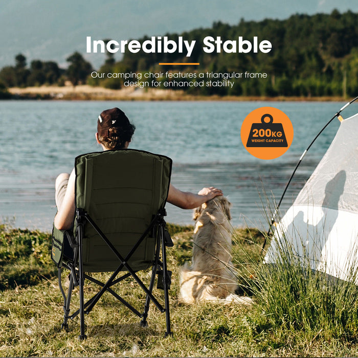 2 Pack Green Folding Camping Chair Outdoor Portable Thick Padding Recliner Reclining