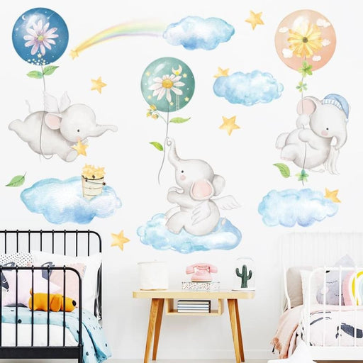 Cartoon Elephant Baby With Air Balloon Wall Stickers