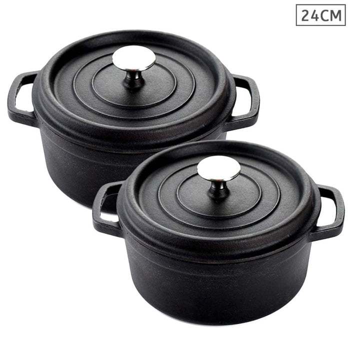 2x Cast Iron 24cm Stewpot Casserole Stew Cooking Pot