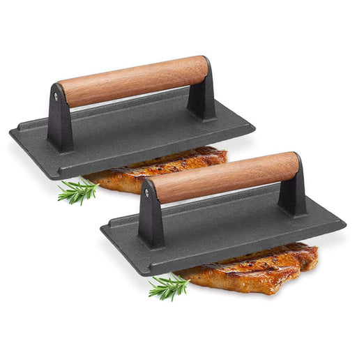 2x Cast Iron Bacon Meat Steak Press Grill Bbq With Wood