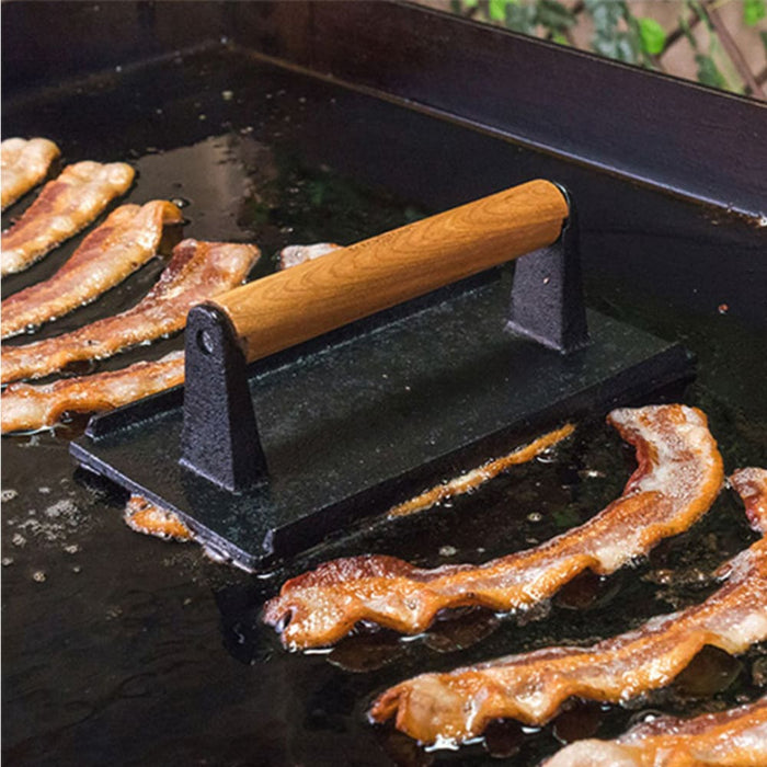 2x Cast Iron Bacon Meat Steak Press Grill Bbq With Wood