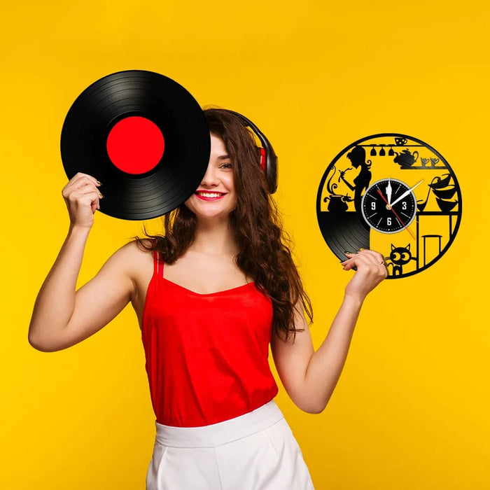 Cat Vinyl Record Wall Clock Modern Kitchen Decor