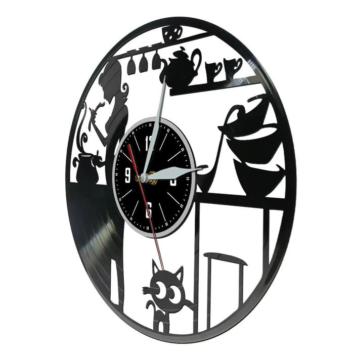 Cat Vinyl Record Wall Clock Modern Kitchen Decor