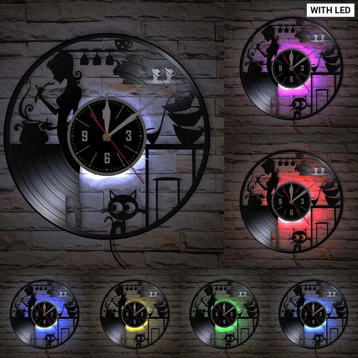Cat Vinyl Record Wall Clock Modern Kitchen Decor