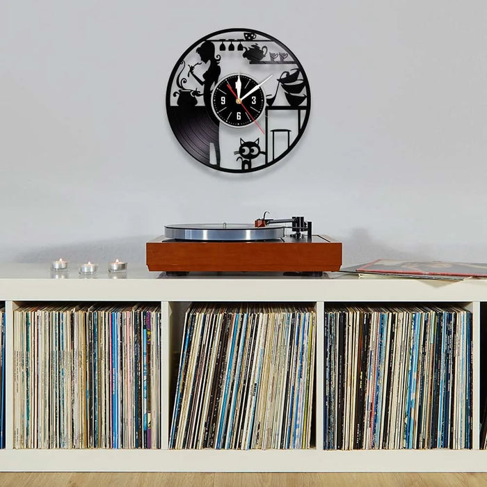 Cat Vinyl Record Wall Clock Modern Kitchen Decor
