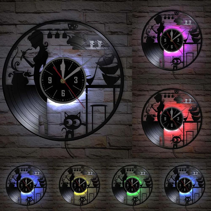 Cat Vinyl Record Wall Clock Modern Kitchen Decor