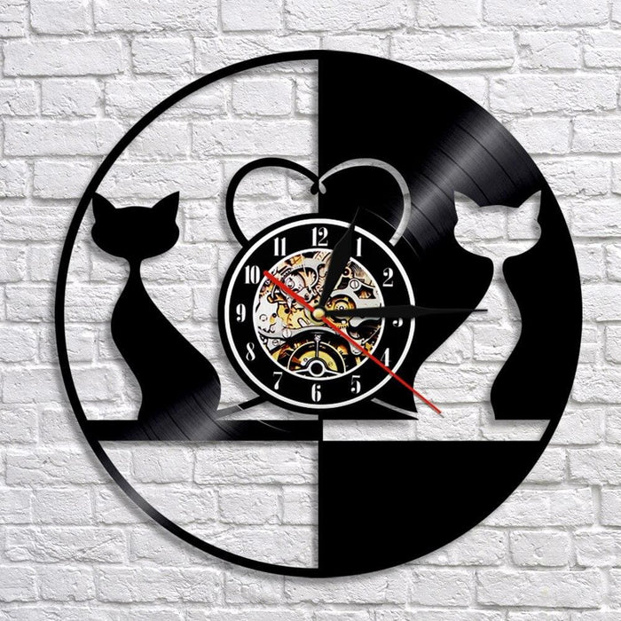 Cats Couple Modern Led Vinyl Record Wall Clock Black