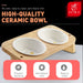 Pet Cat Dog Ceramic Feed Food And Water Bowls Oak Frame