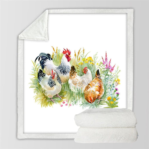 Chicken Sherpa Fleece Blanket Watercolour Rooster Soft