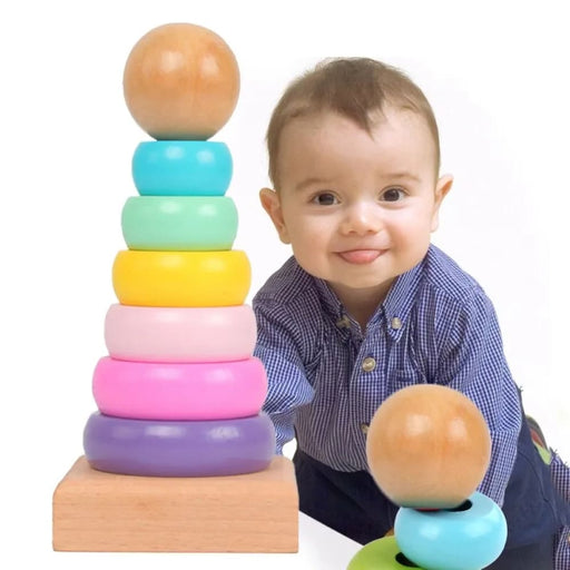 Children Rainbow Tower Wooden Toy Stacking Circle Early