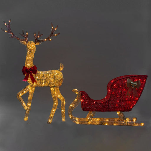 Christmas Reindeer With Red Sleigh And Lights