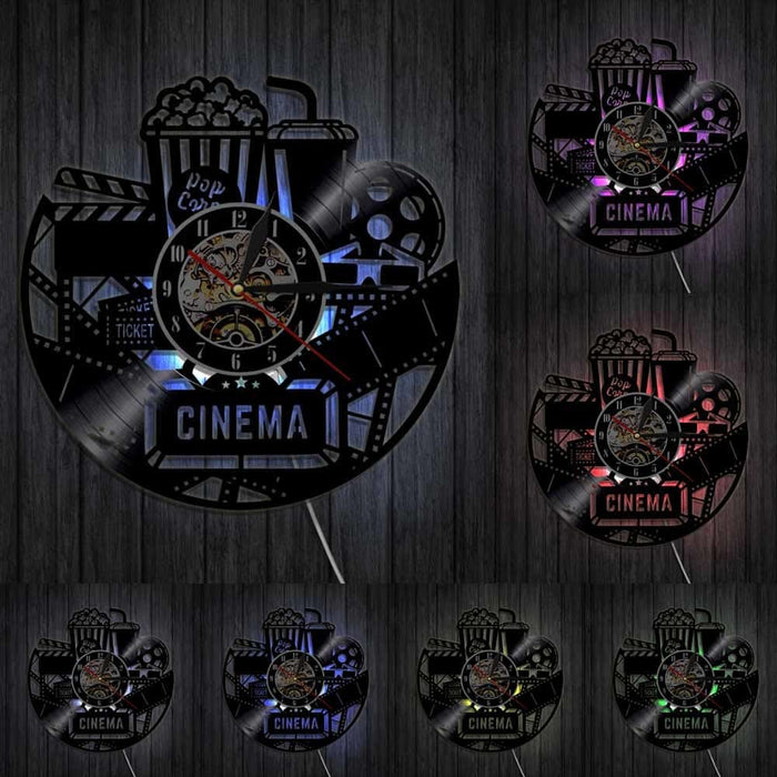 Cinema Production Clock Movie Theater Sign Popcorn Vinyl