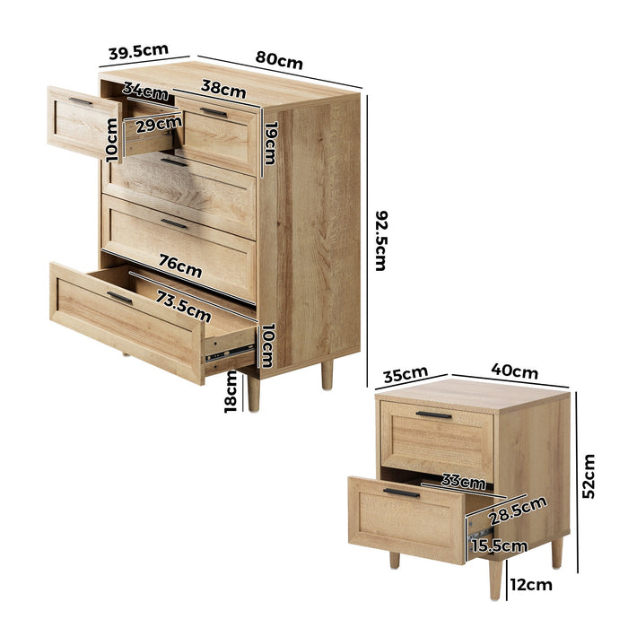 5 Chest Of Drawers And 2 Bedside Tables Nightstand Bedroom Set Natural