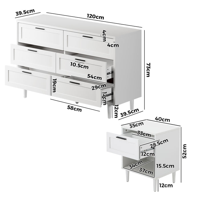 6 Chest Of Drawers And 2 Bedside Tables Dressers Bedroom Set White