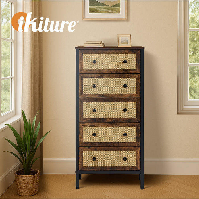 5 Chest Of Drawers Storage Cabinet Rattan Fabric Dresser Tallboy