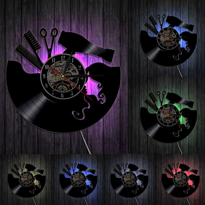 Comb Scissors Hair Dryer Beauty Salon Led Vinyl Record Wall