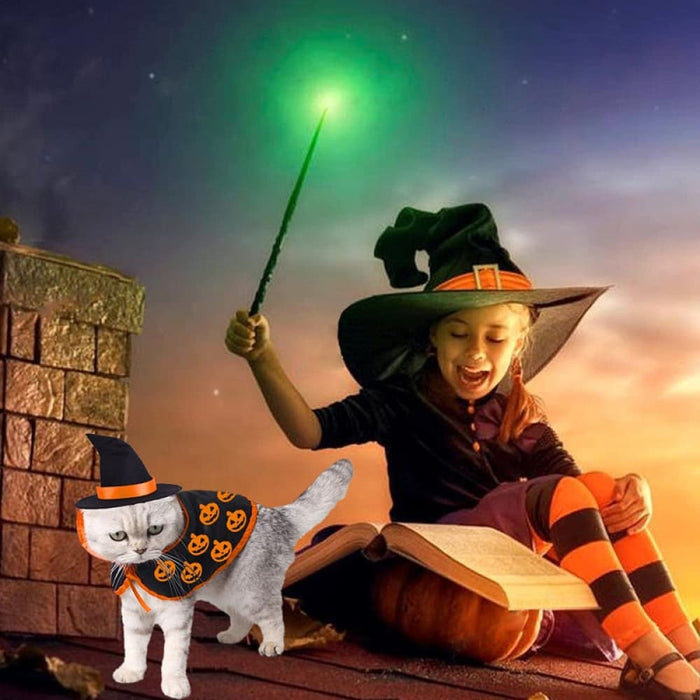 Cat Costumes Outfit Wizard Witch Hat Cape Halloween Pet