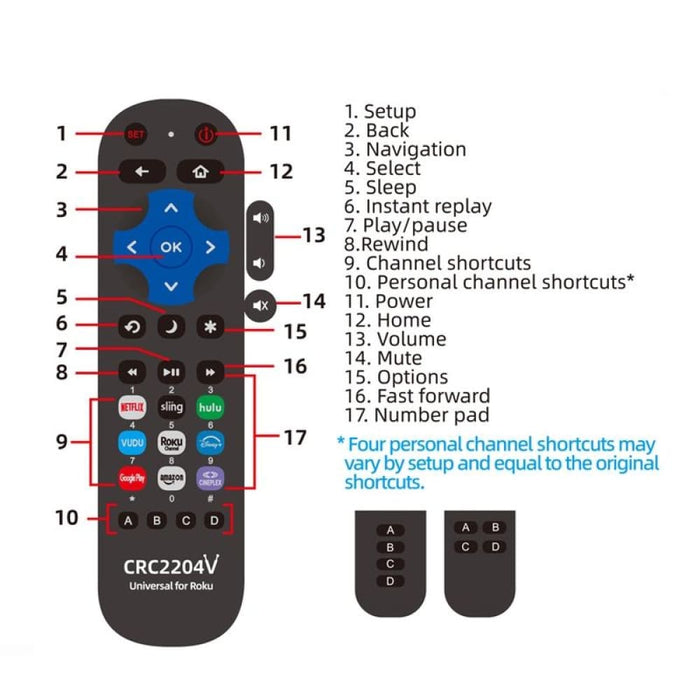 Crc2204v For Roku Tv Universal Smart Lcd Remote Control