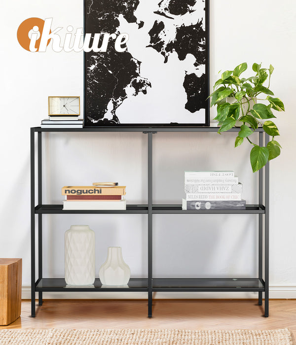 Console Table Tempered Glass Sofa Table Hall Side Entry 3 Shelves Black