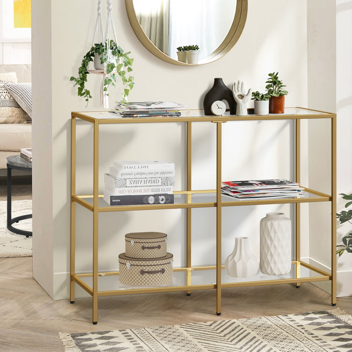 Console Table Tempered Glass Sofa Table Hall Side Entry 3 Shelves Gold