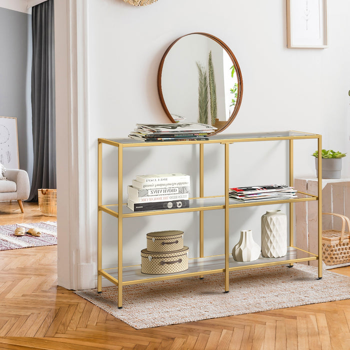 Console Table Tempered Glass Sofa Table Hall Side Entry 3 Shelves Gold