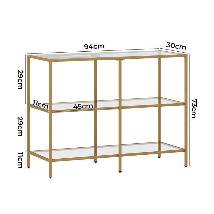 Console Table Tempered Glass Sofa Table Hall Side Entry 3 Shelves Gold