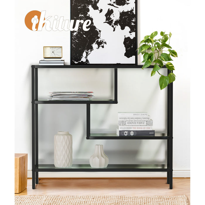 Console Table Tempered Glass Sofa Table Hall Side Entry 4 Shelves Black