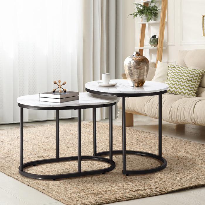 Set Of 2 Coffee Table Round Oval Marble-Like Nesting Side Tables Black