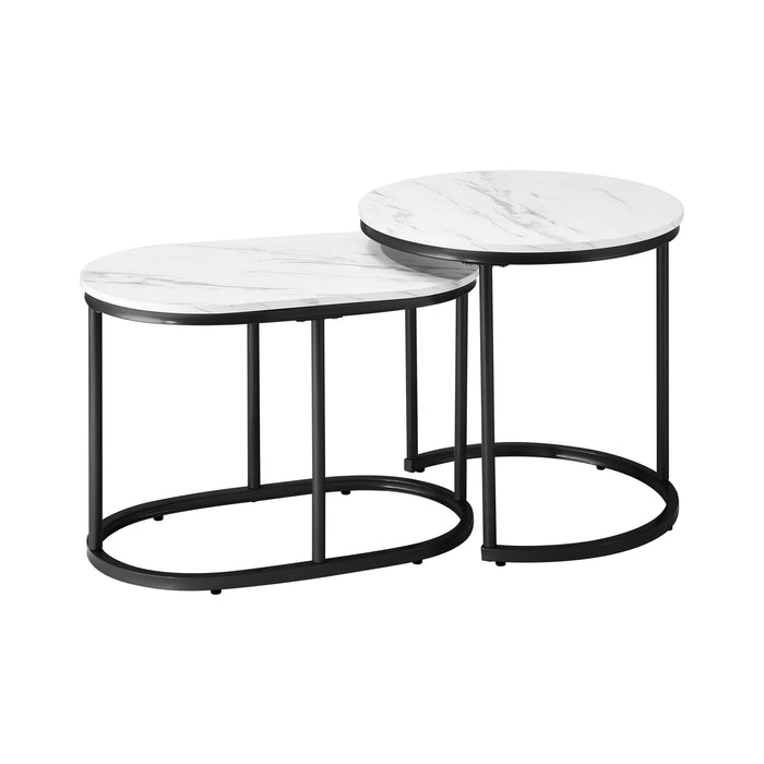 Set Of 2 Coffee Table Round Oval Marble-Like Nesting Side Tables Black