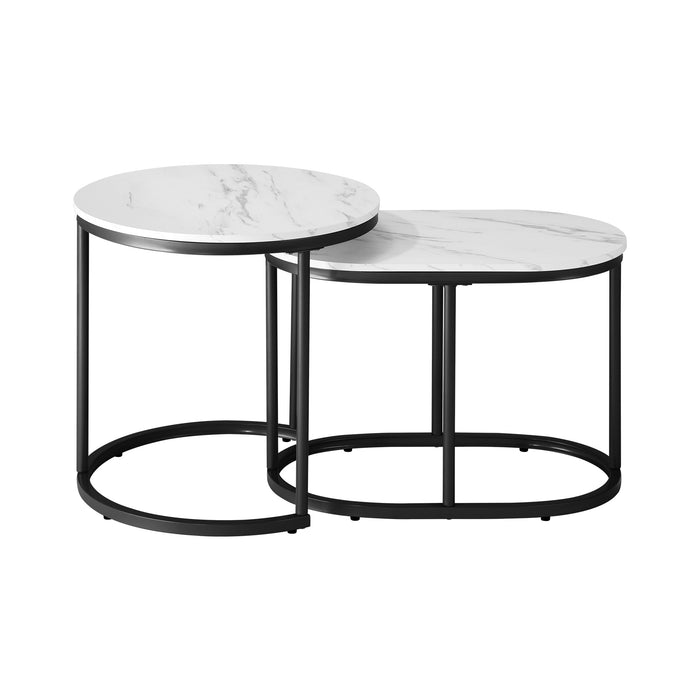 Set Of 2 Coffee Table Round Oval Marble-Like Nesting Side Tables Black