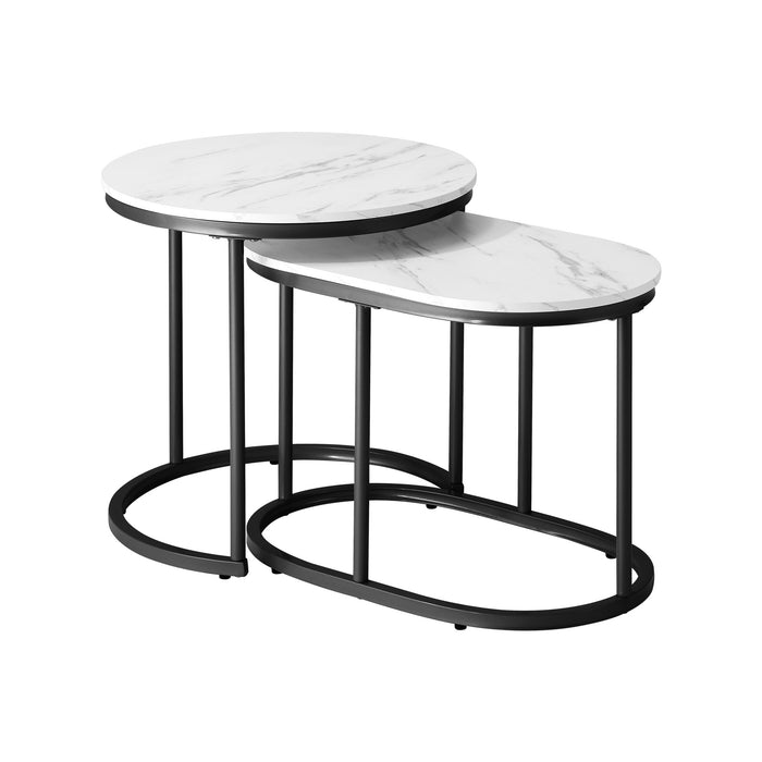 Set Of 2 Coffee Table Round Oval Marble-Like Nesting Side Tables Black