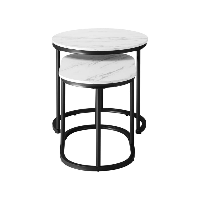 Set Of 2 Coffee Table Round Oval Marble-Like Nesting Side Tables Black