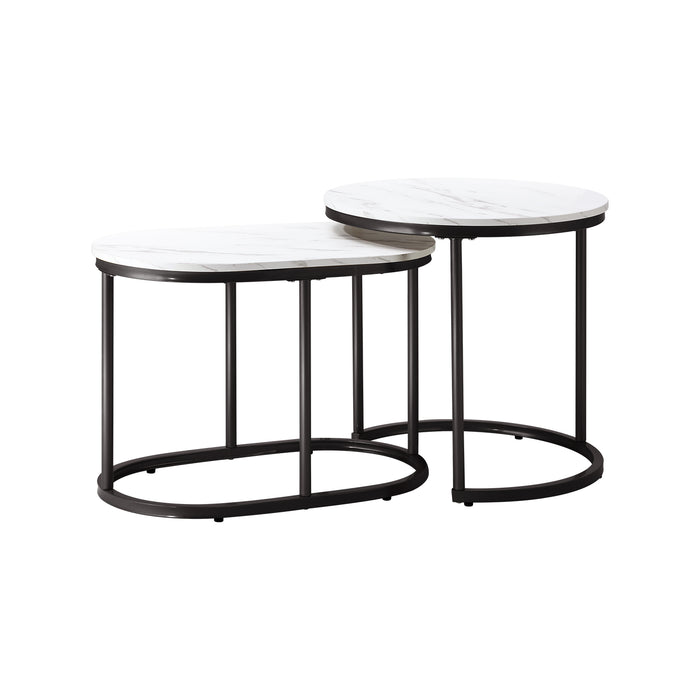 Set Of 2 Coffee Table Round Oval Marble-Like Nesting Side Tables Black