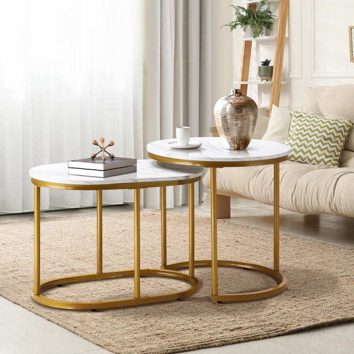 Set Of 2 Coffee Table Round Oval Marble-Like Nesting Side Tables Gold
