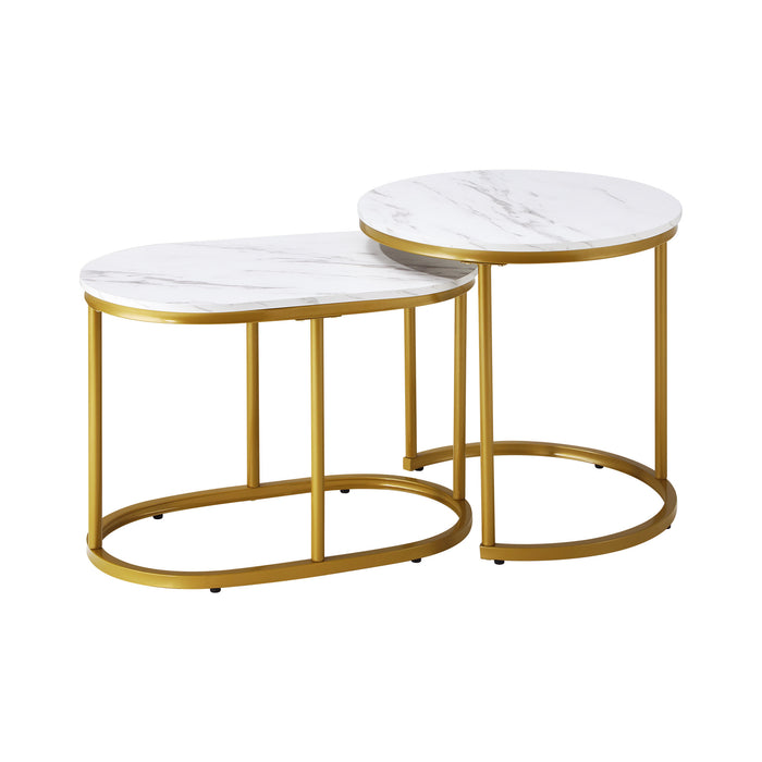 Set Of 2 Coffee Table Round Oval Marble-Like Nesting Side Tables Gold