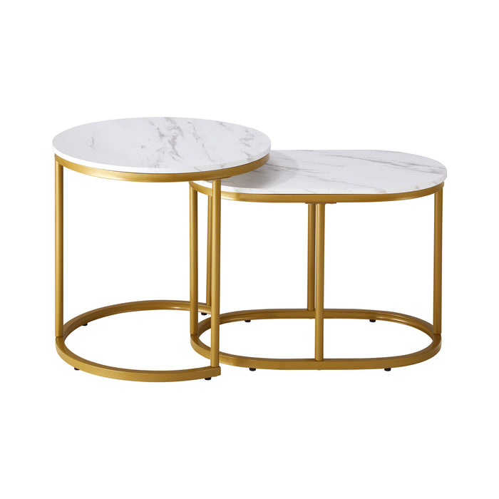 Set Of 2 Coffee Table Round Oval Marble-Like Nesting Side Tables Gold