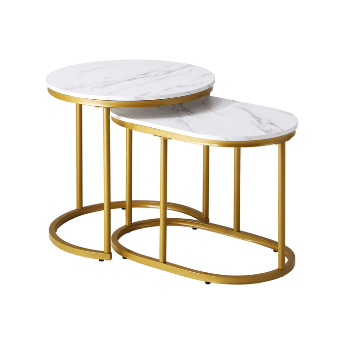 Set Of 2 Coffee Table Round Oval Marble-Like Nesting Side Tables Gold