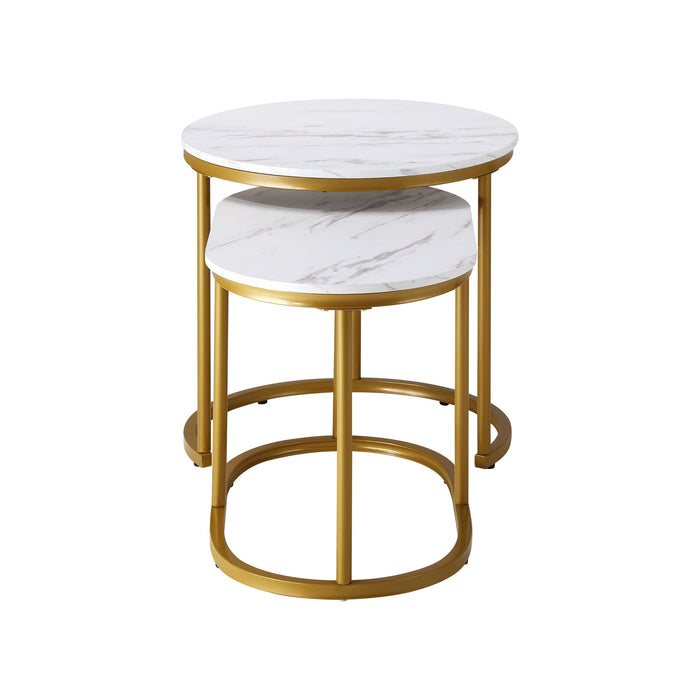 Set Of 2 Coffee Table Round Oval Marble-Like Nesting Side Tables Gold