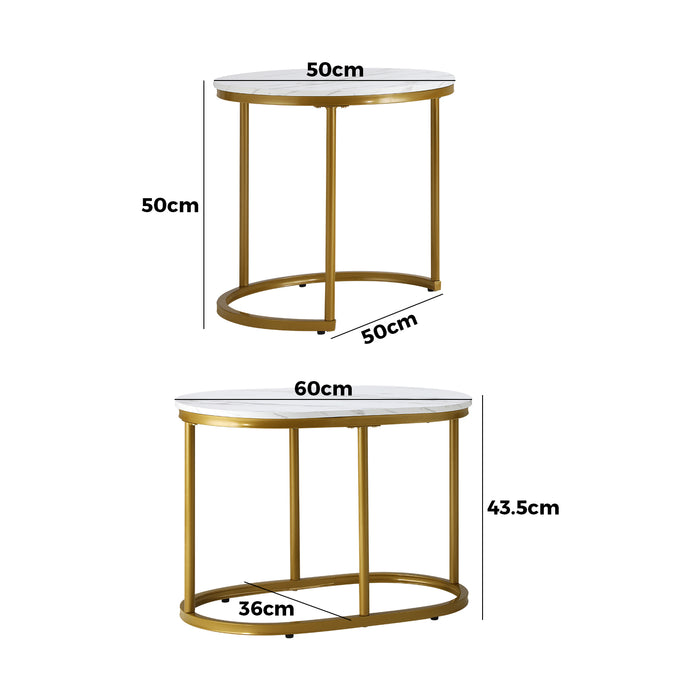 Set Of 2 Coffee Table Round Oval Marble-Like Nesting Side Tables Gold
