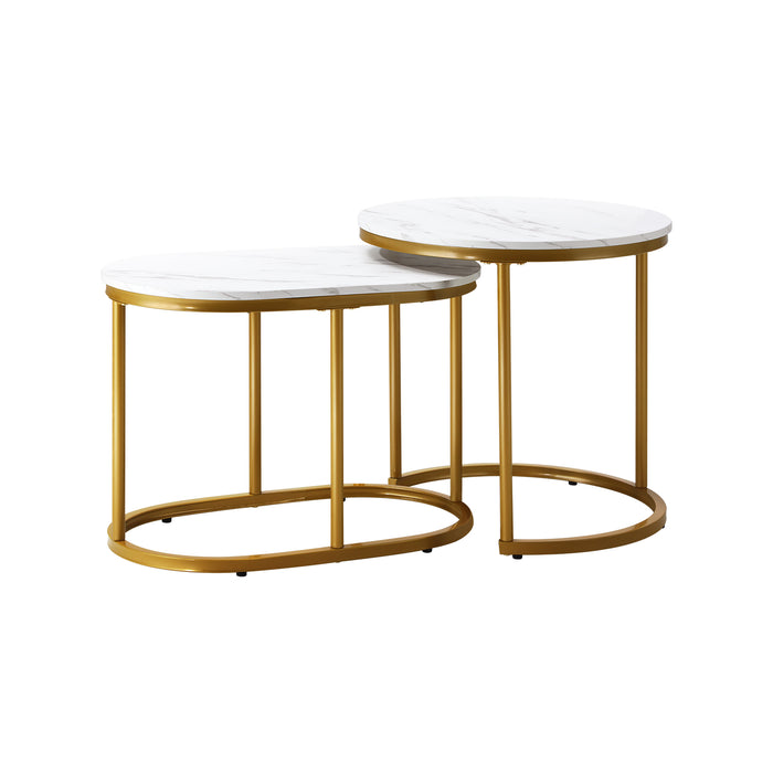 Set Of 2 Coffee Table Round Oval Marble-Like Nesting Side Tables Gold
