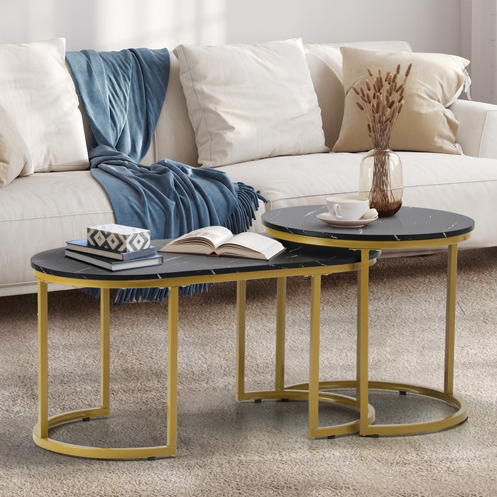 Coffee Table Set Of 2 Nesting Side End Tables Marble Effect Gold Black