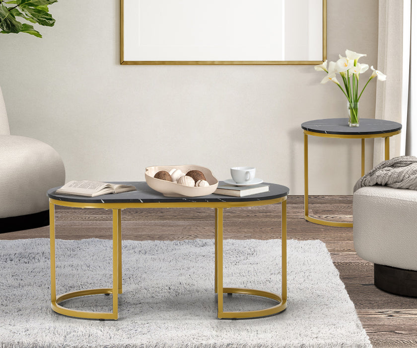 Coffee Table Set Of 2 Nesting Side End Tables Marble Effect Gold Black