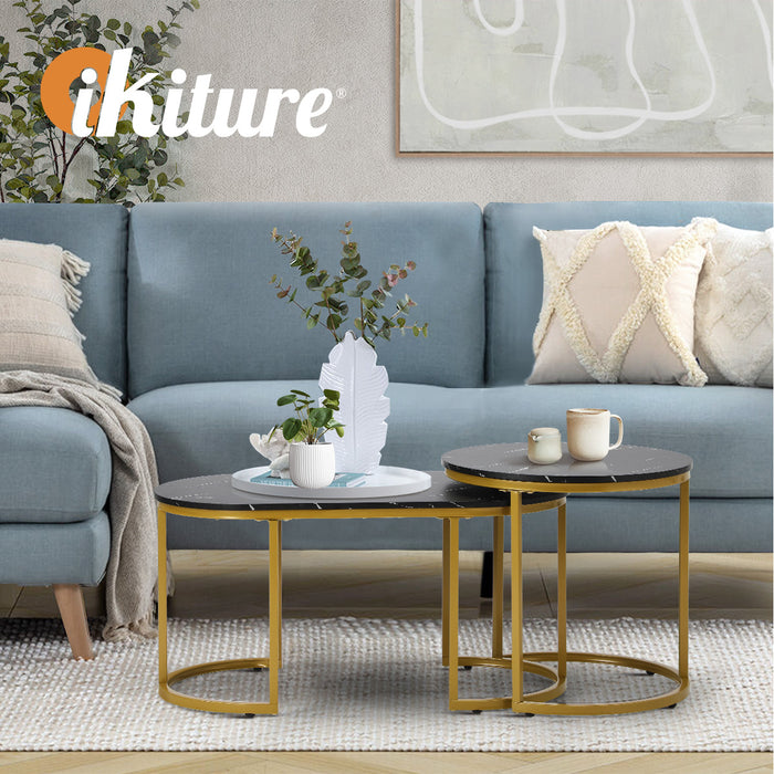 Coffee Table Set Of 2 Nesting Side End Tables Marble Effect Gold Black